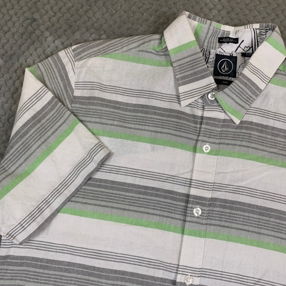Volcom Mens Medium Slim Fit Button Up Shirt Gray Green Striped Short Sleeve